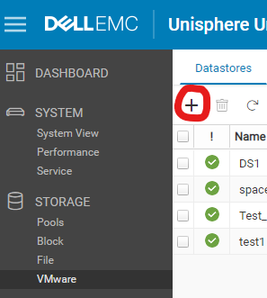 Интерфейс пользователя Unisphere со значком «+» в кружке на вкладке «Хранилища данных» для запуска мастера создания хранилища данных VMware.