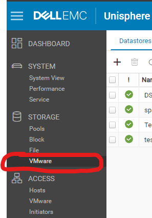 V uživatelském rozhraní Unisphere se zakroužkovaným VMware v části Storage settings