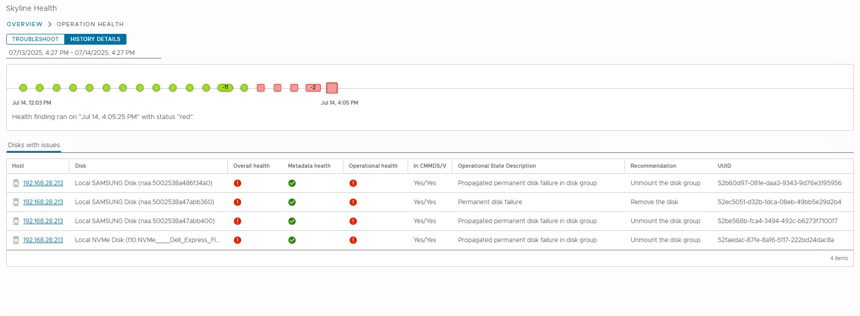 vSAN Skyline Health Diagnostics reflecting device health