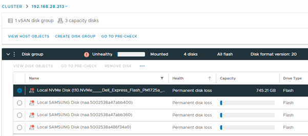 Skupina disků clusteru vSAN se zobrazením PDL pro všechny disky