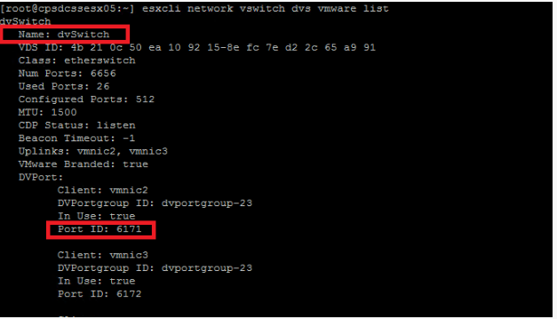 vmnic 的端口 ID 和 vDS 名称