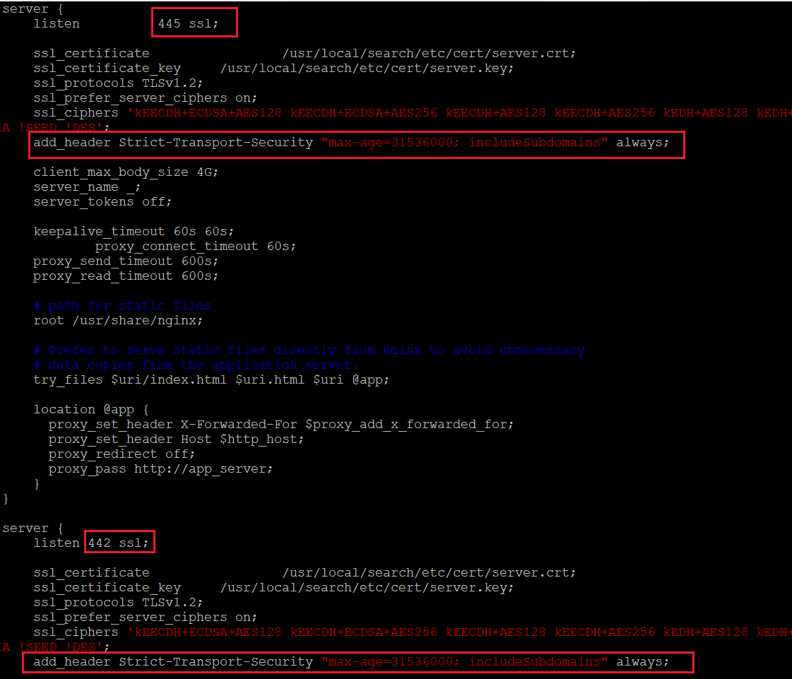 Ein Beispiel zeigt, dass nach der Implementierung des Workarounds für die Ports 442 und 445 HTTP Strict Transport Security aktiviert sein sollte