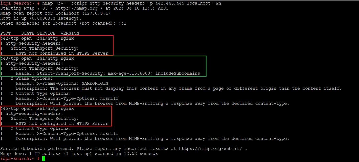 Bağlantı noktası taraması, HSTS'nin varsayılan olarak 442 ve 445 numaralı bağlantı noktalarında yapılandırılmadığını gösterir.&nbsp;