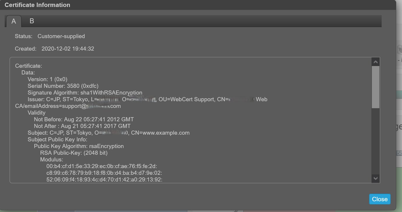Image shows a customer supplied certificate with blurring on identifiable parts