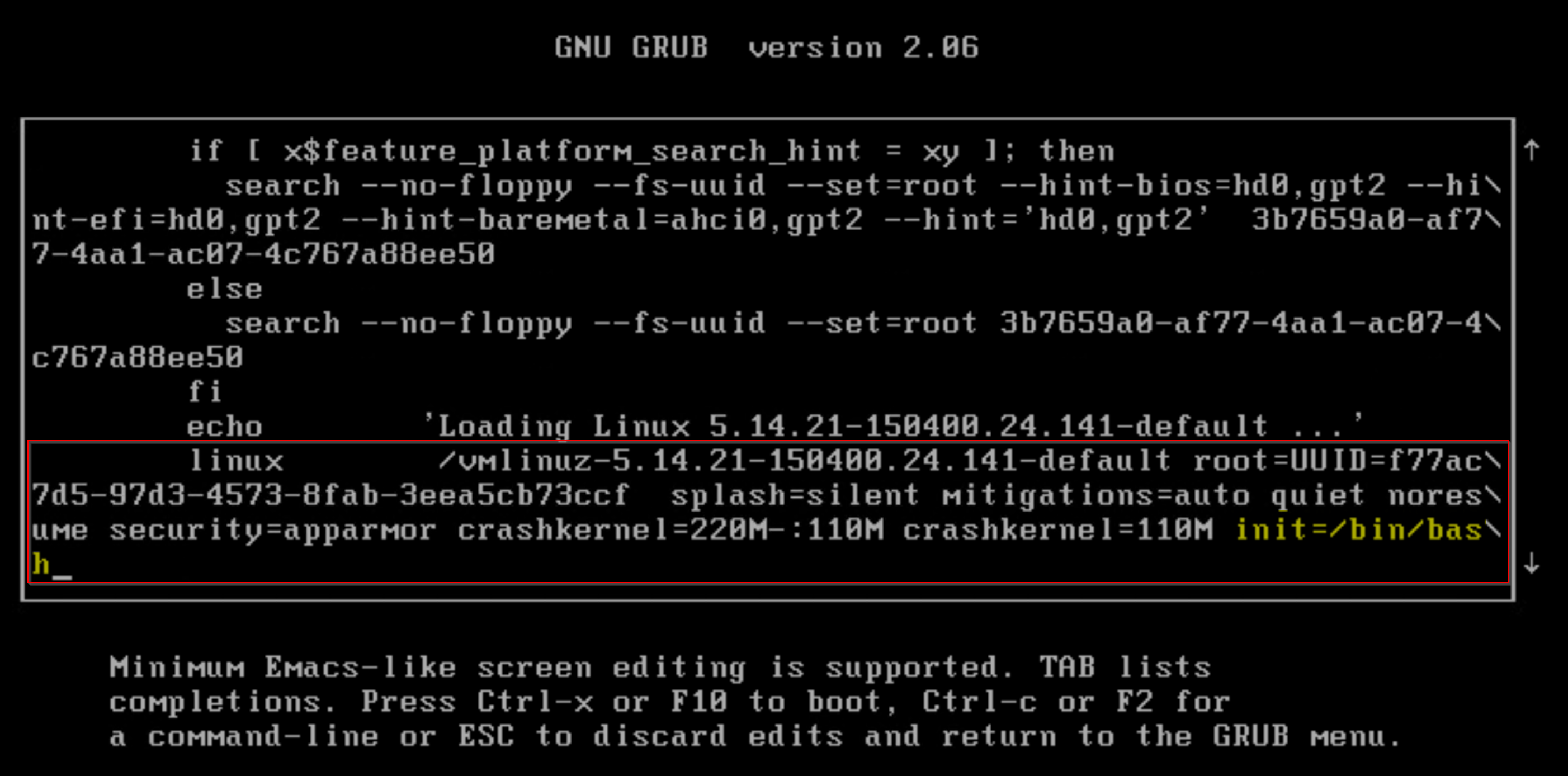 Eksempel på aktivering af enkeltbrugertilstand ved at tilføje init bash til linux-kernen