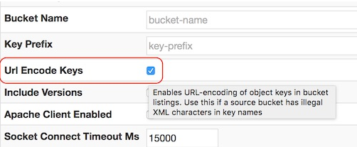 Para resolver isso, você deve codificar as chaves por URL ao listar o bucket. Esse recurso é ativado pela seguinte opção avançada no plug-in ECS S3 (na configuração de origem):