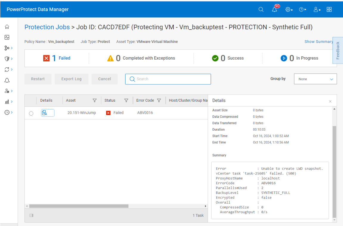 screenshot of backup failure