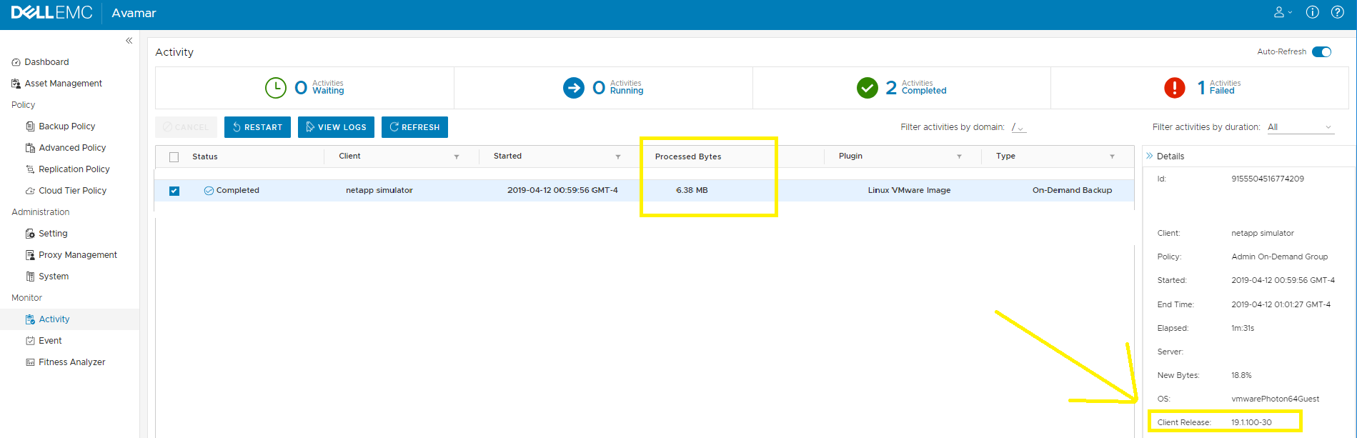 Avamar UI Dashboard Activities 