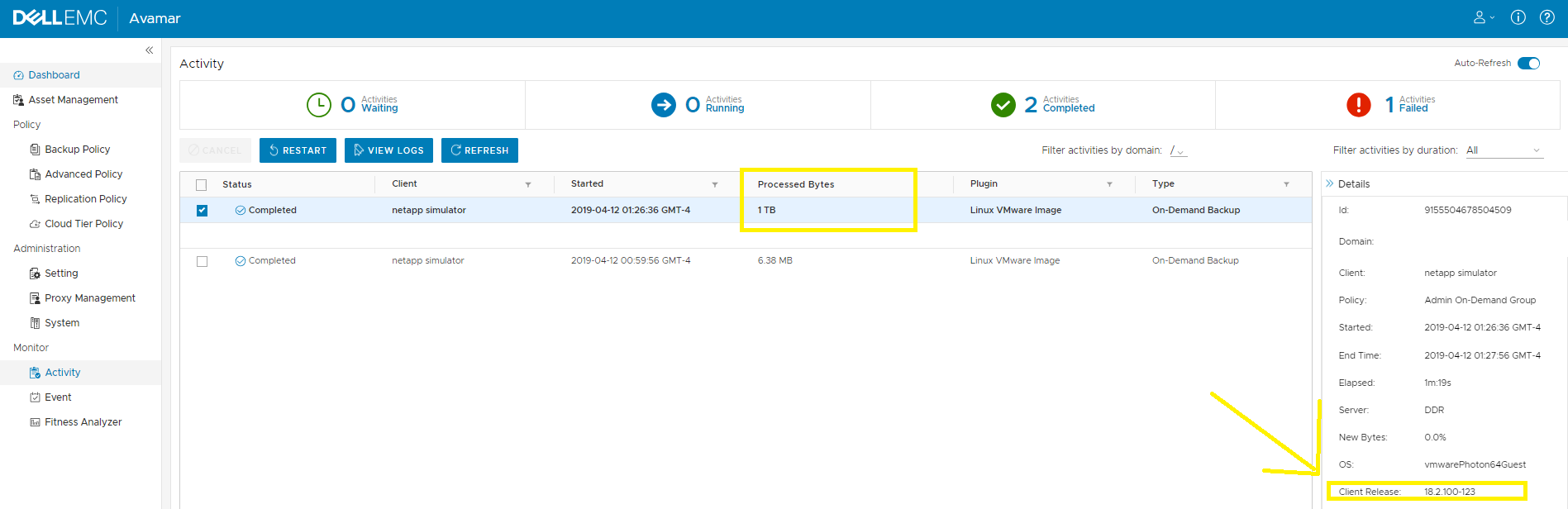 Avamar UI Dashboard Activities