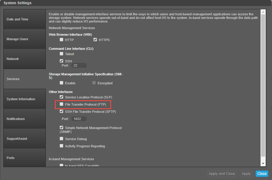 Image shows the FTP option in the GUI
