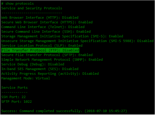 Image shows the FTP Protocol being disabled in the CLI command