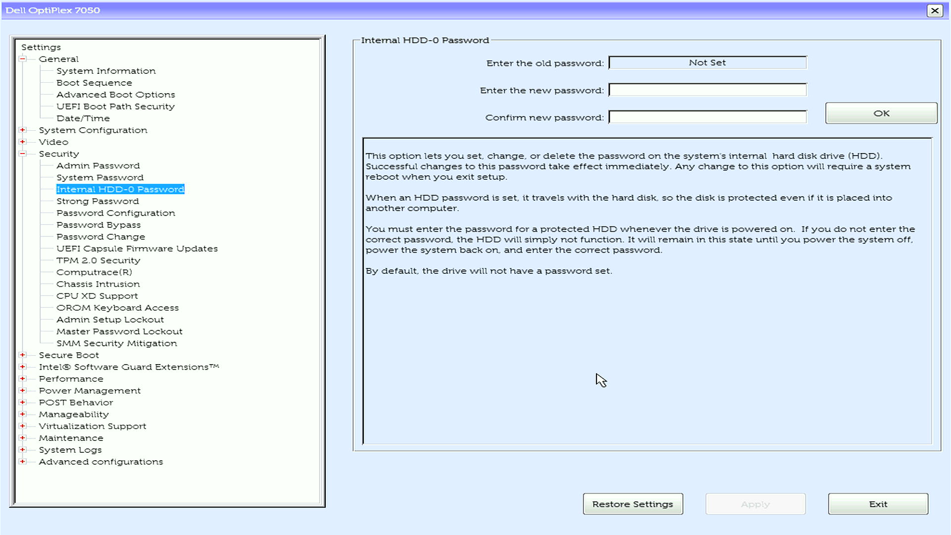 Optiplex BIOS zobrazuje zprávu „Internal HDD-0 password Not Set in BIOS“