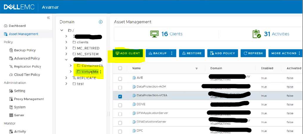 interfejs użytkownika Avamar