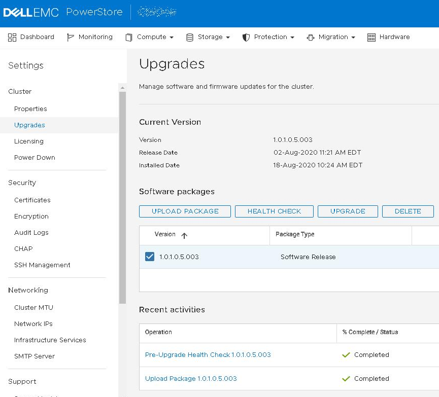 Upgrades menu in PowerStore Manager