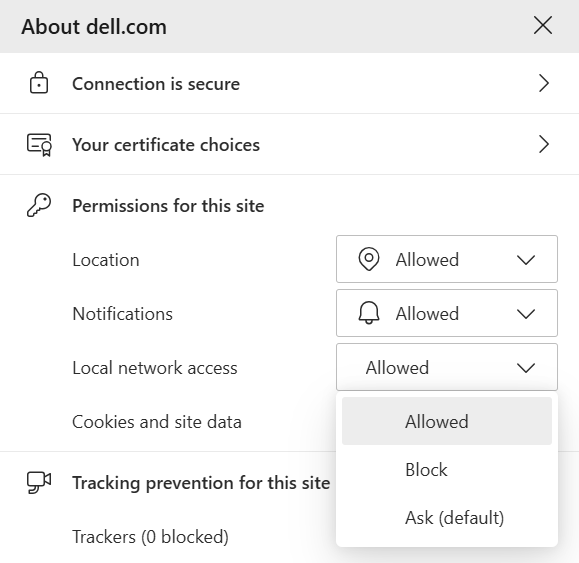 Modal de información del sitio de borde