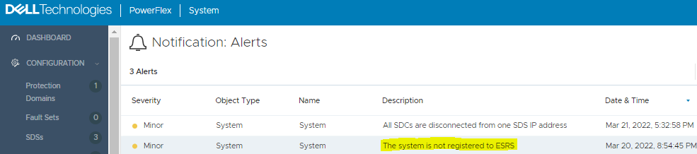 PowerFlex UI notification alerts tab displayed.