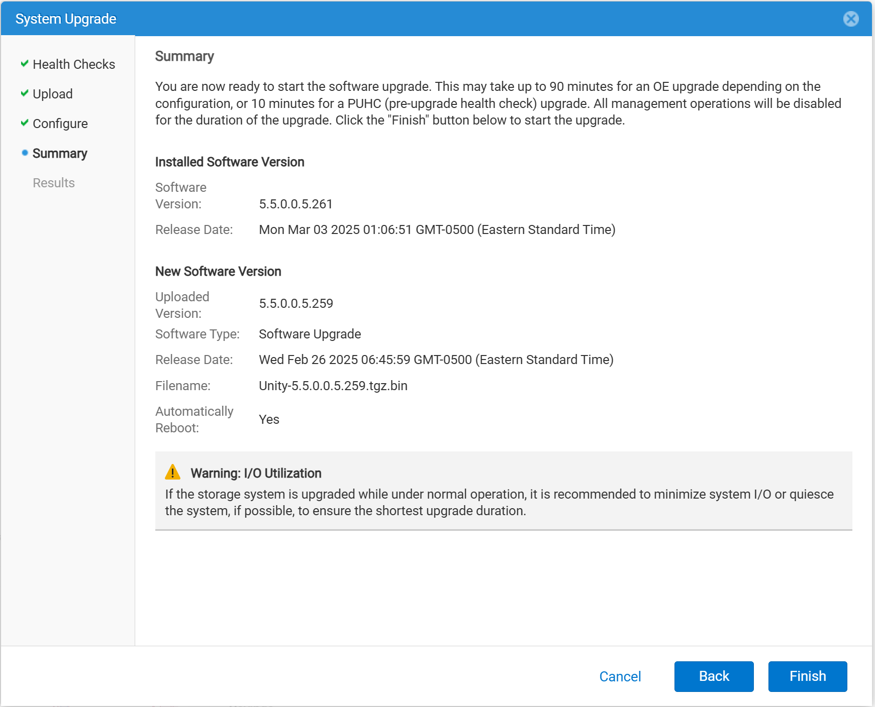 System upgrade wizard, summary page
