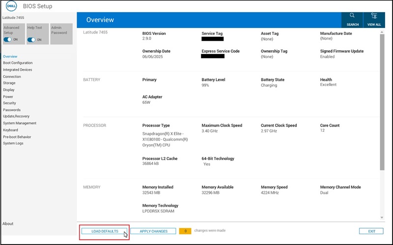 Dell Latitude 7455 BIOS Menu