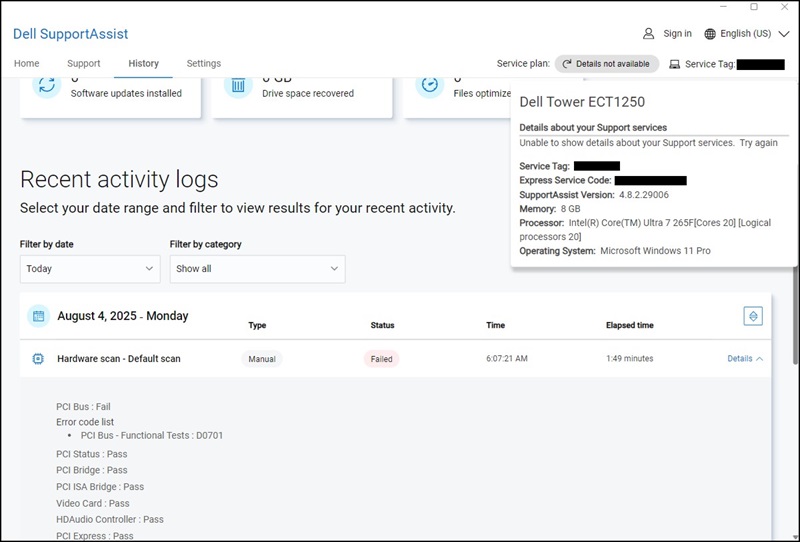 Dell SupportAssist Son Etkinlik Kayıtları, Donanım Taraması, PCI Veri Yolu Arızası