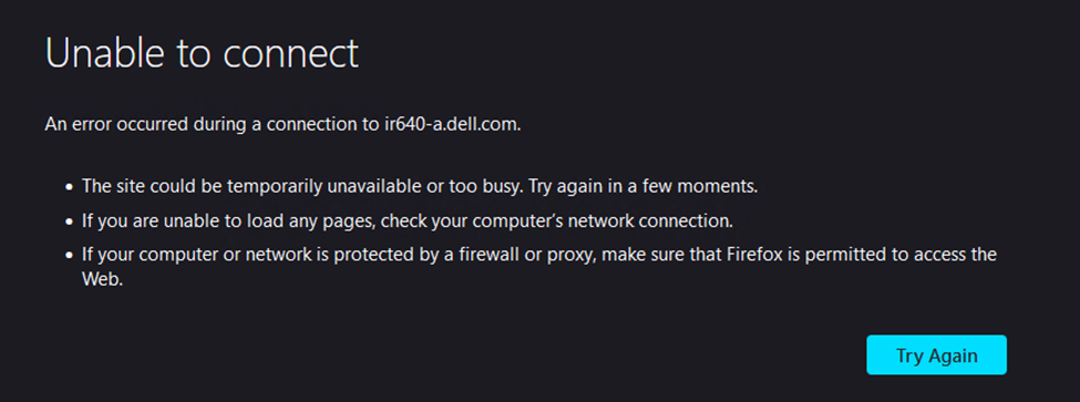 Screenshot of Error Message: An error occurred during a connection to iDRAC