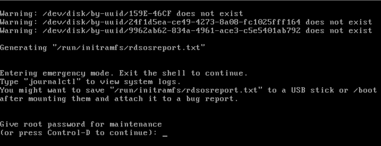 screenshot of cloudlink console in maintenance mode displaying /dev/disk/by-uuid/ errors
