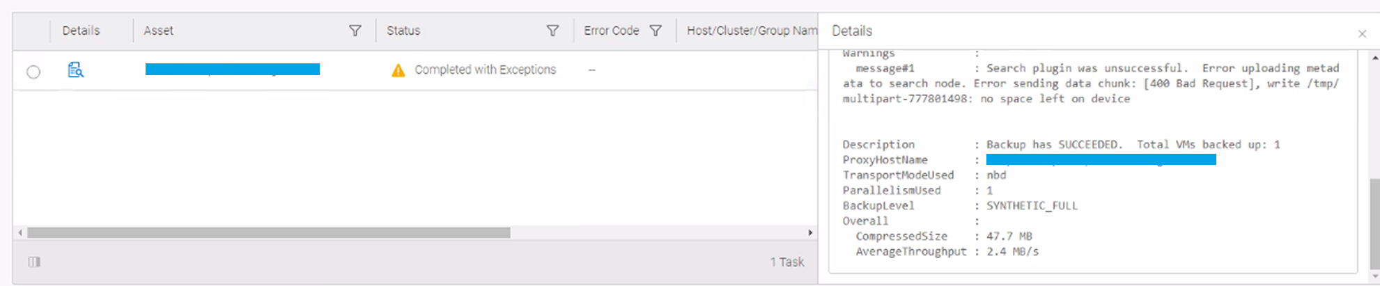 Backup completion exception