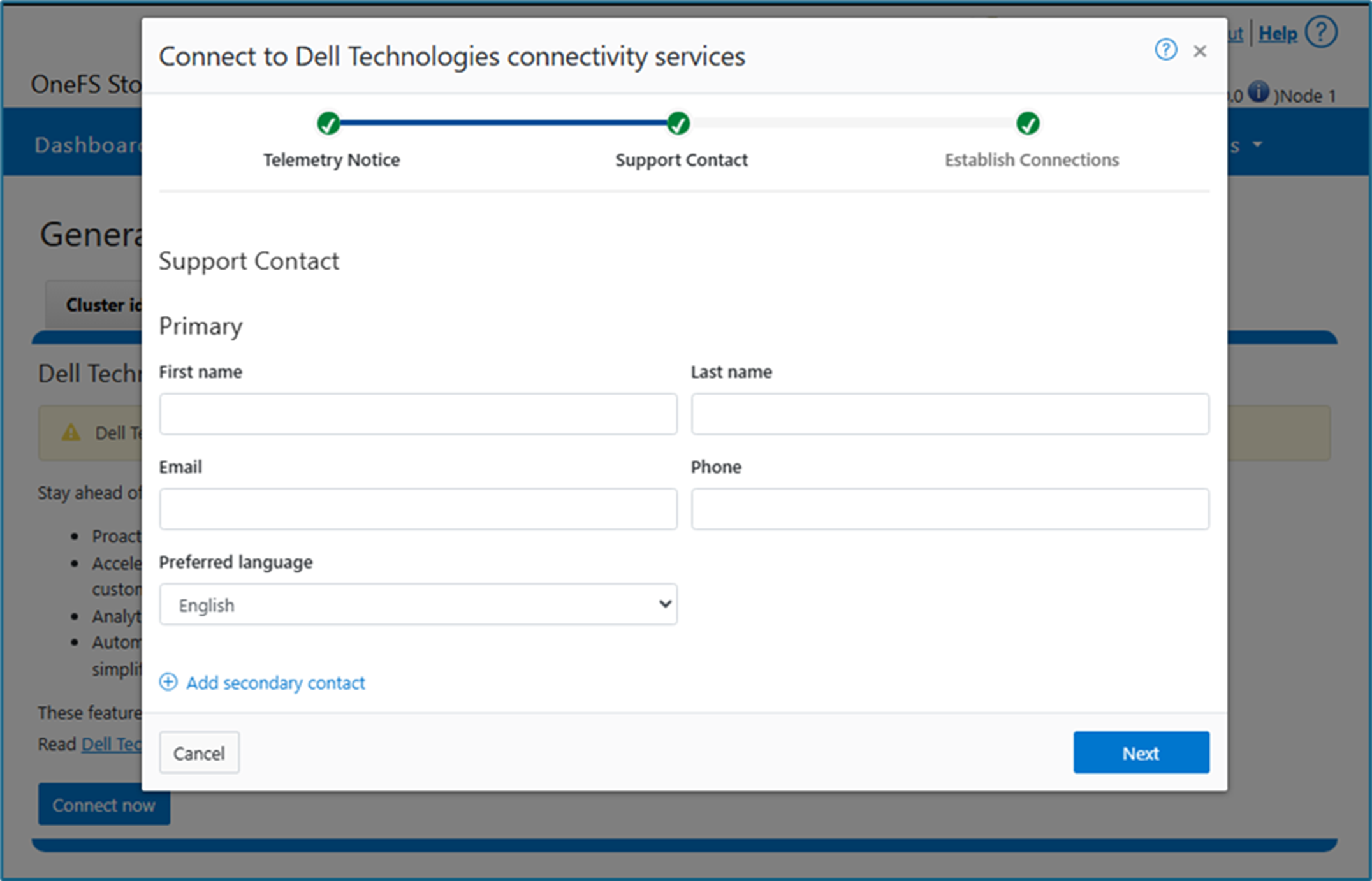 Siden for angivelse av primær og sekundær kontaktinformasjon.