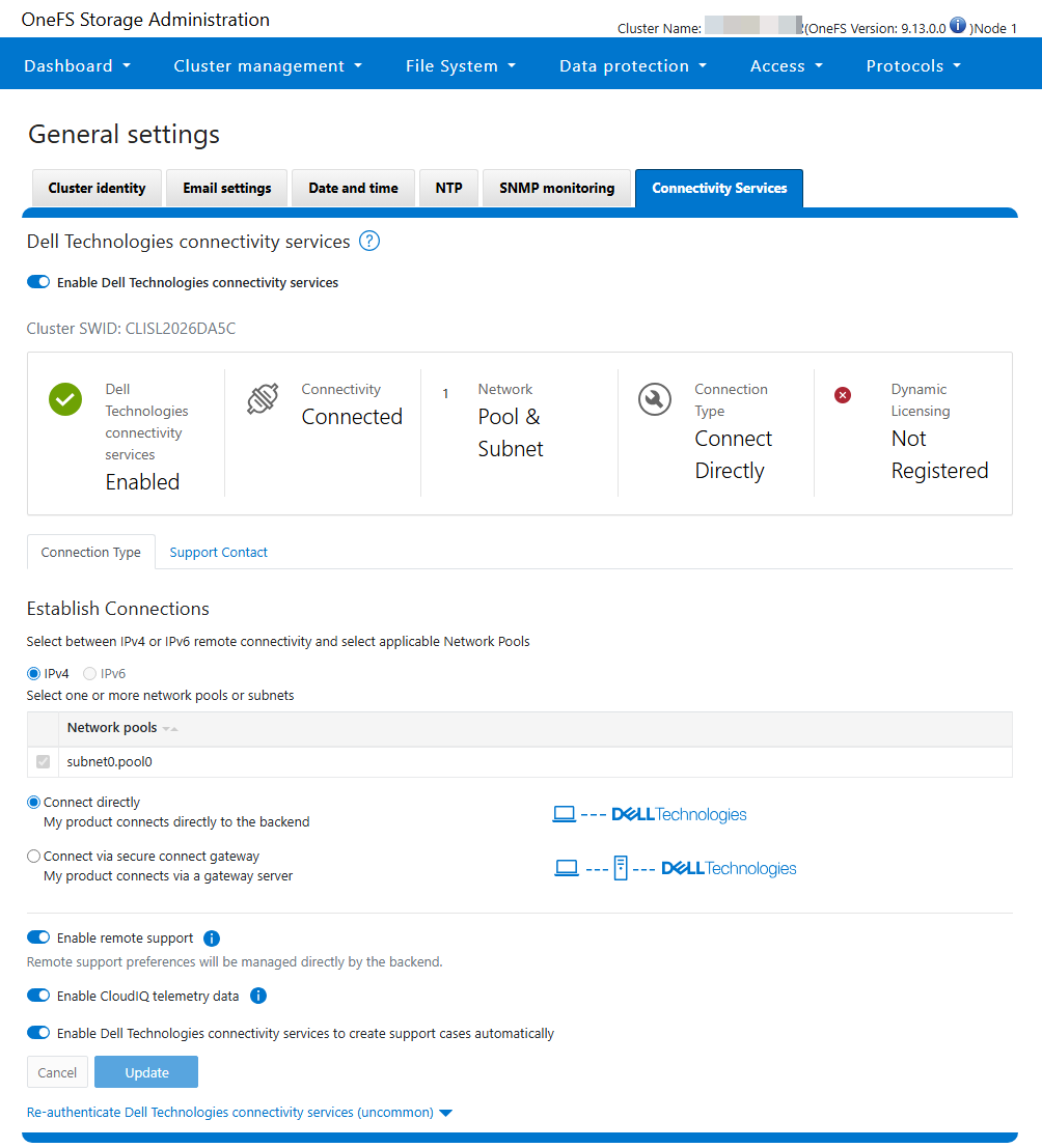 Skjermbilde som viser tilkoblingsinnstillingene for systemet.