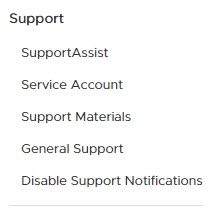Supportmenu i venstre menurude.