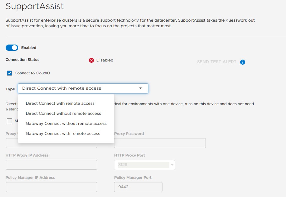 Rullemenu med SupportAssist-indstillinger.