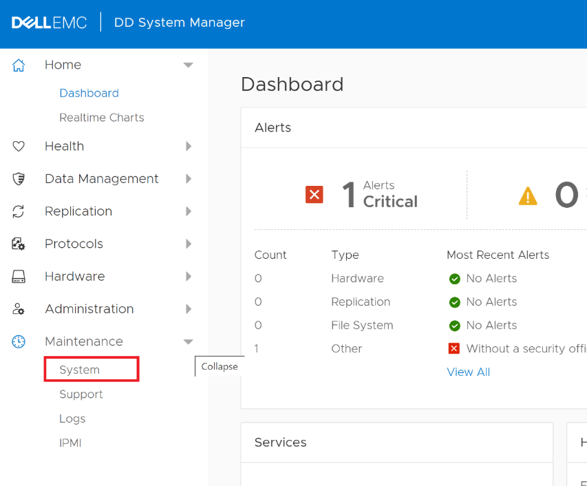 Use the System menu from the DD System Manager