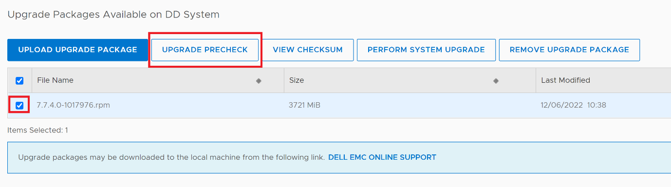 Select the uploaded RPM package and click the "UPGRADE PRECHECK" button from the above UI