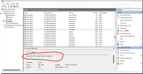 安全開機 Dbx 更新套用成功訊息