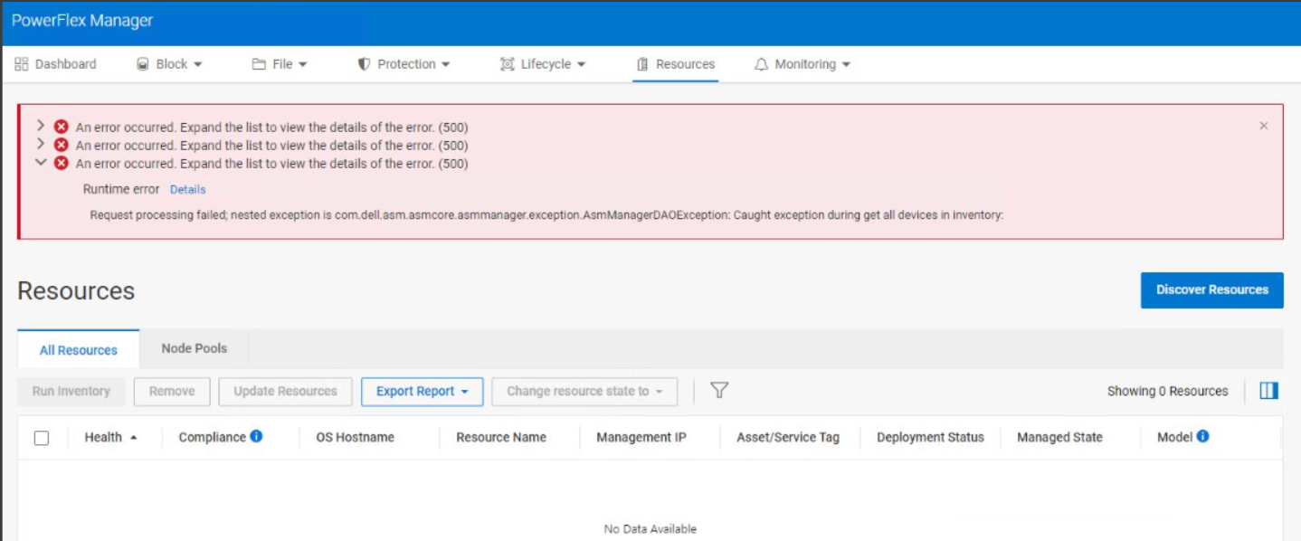 Screenshot showing the error 500