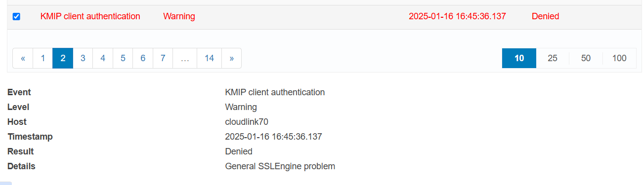 Screenshot of error message KMIP client authentication Warning