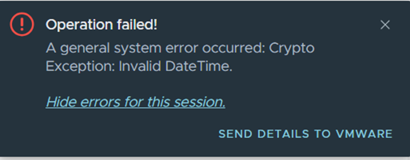 Screenshot of error message Operation failed! A general system error occurred