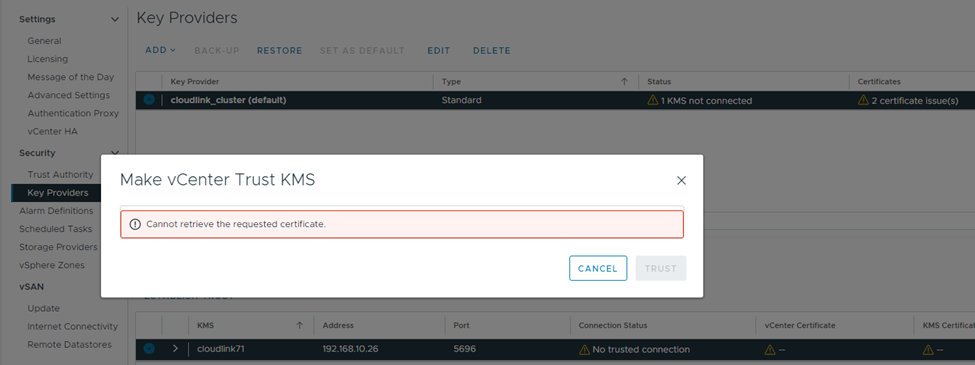 Screenshot of error message