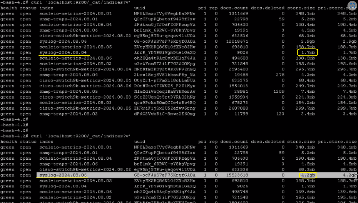Capture d’écran des index syslog 
