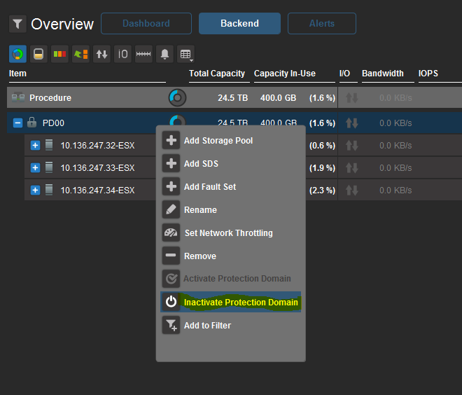 Choisissez Inactivate Protection Domain,