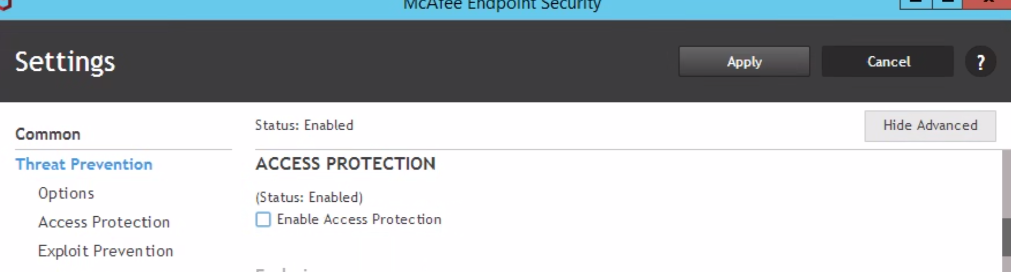 从 McAfee 应用程序禁用“威胁防御”下的“访问保护”