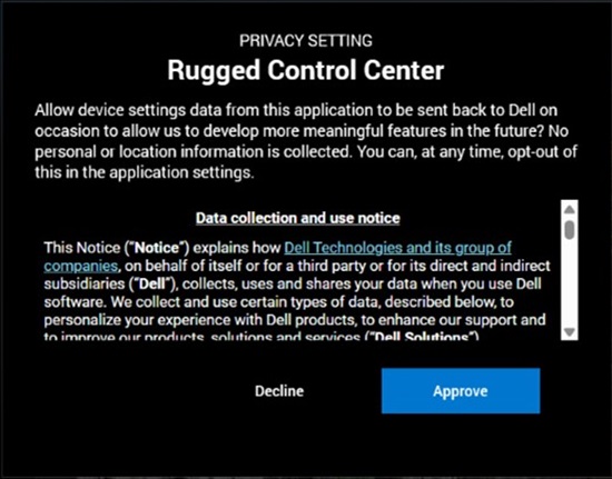 Captura de pantalla de configuración de privacidad de Rugged Control Center