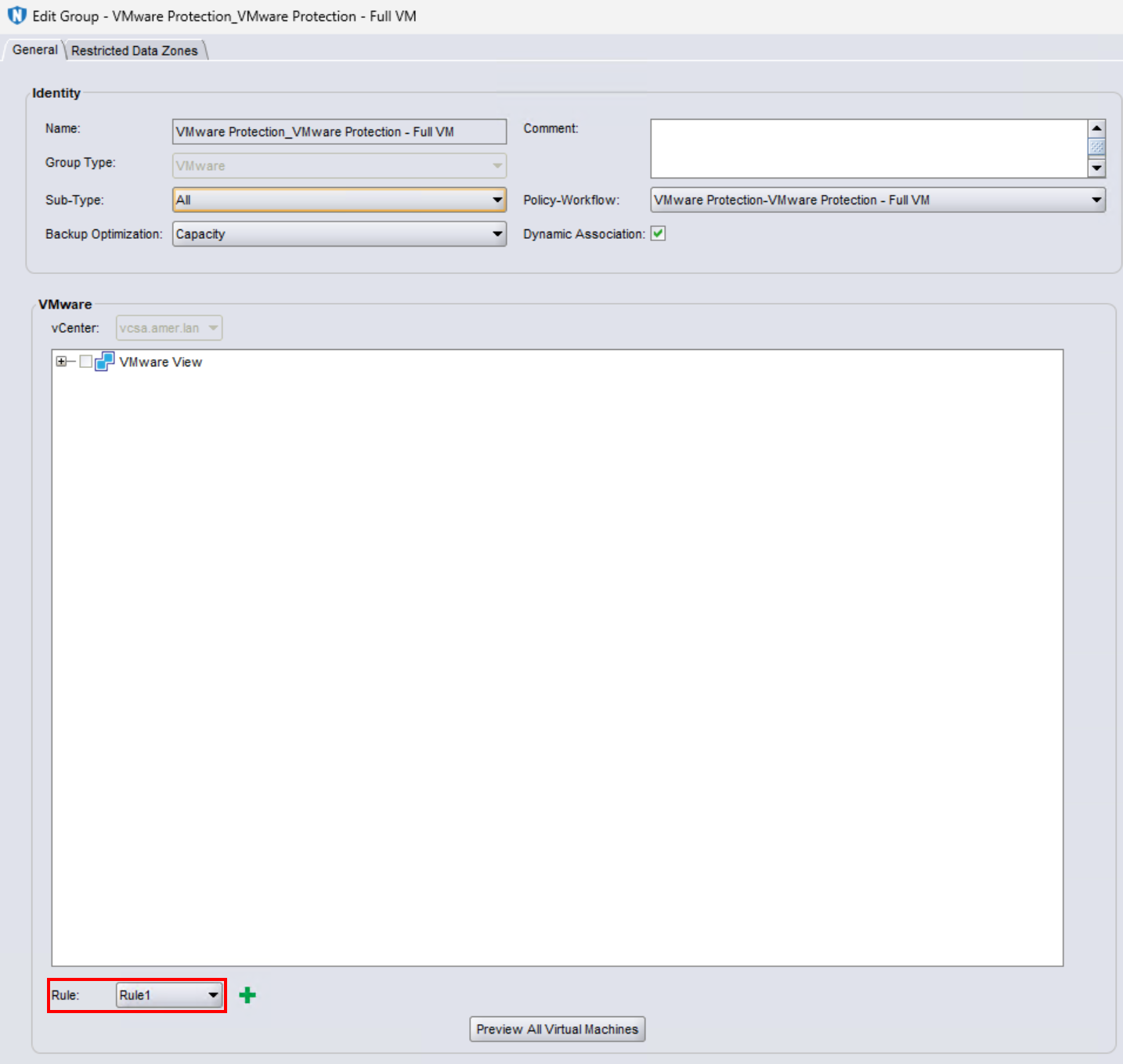 Pravidlo se přiřadí ke skupině ochrany VMware.