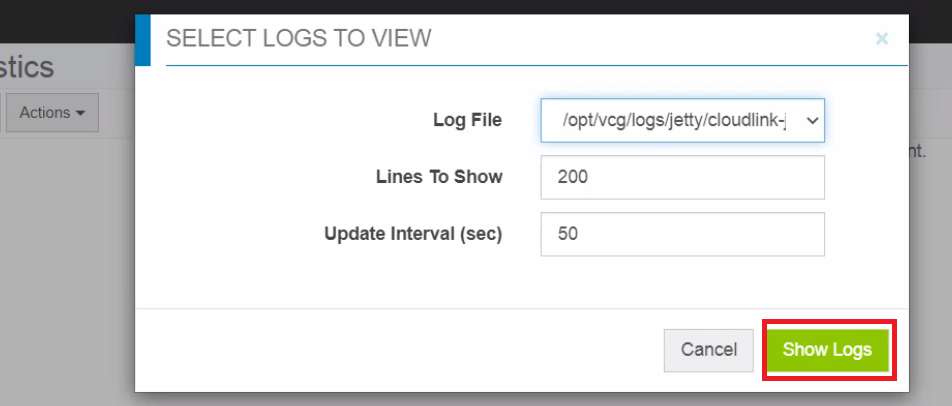 Show Logs.&nbsp;The required log file is displayed.