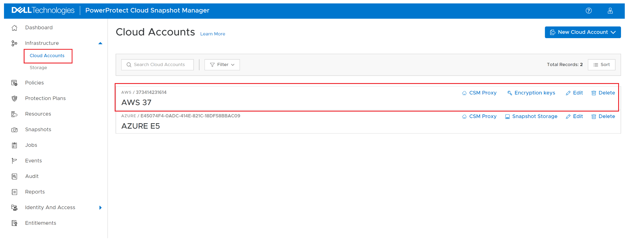Verifique o PowerProtect Cloud Snapshot Manager - Contas de nuvem.