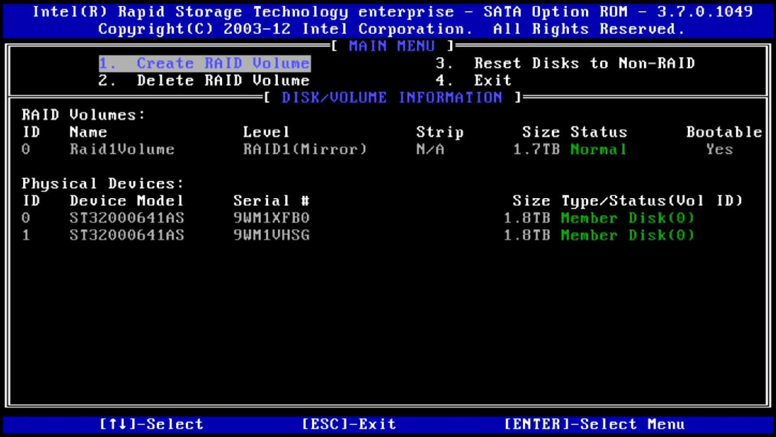 Main Menu after Volume is created
