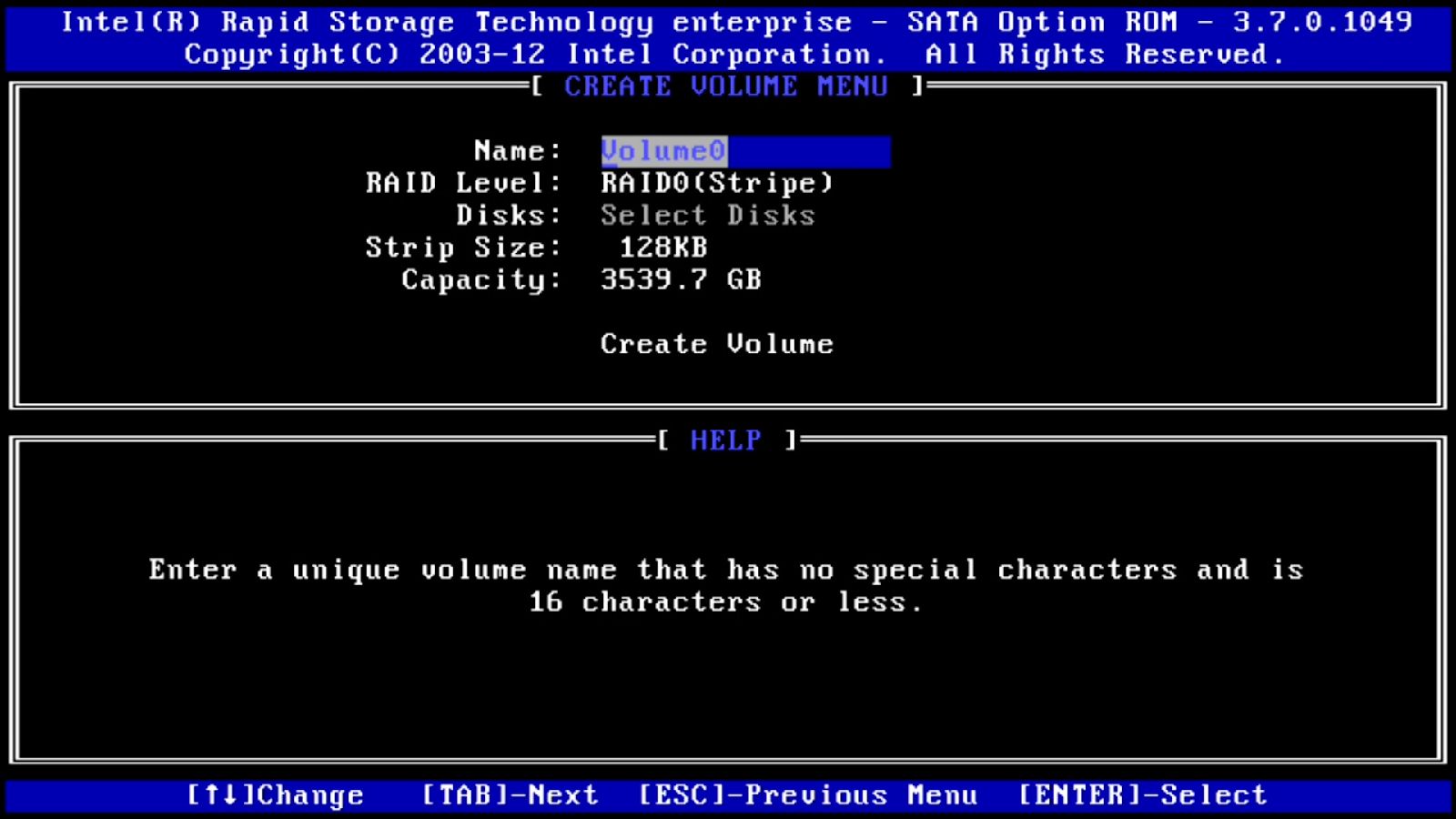 Bildschirm „Create RAID Volume“