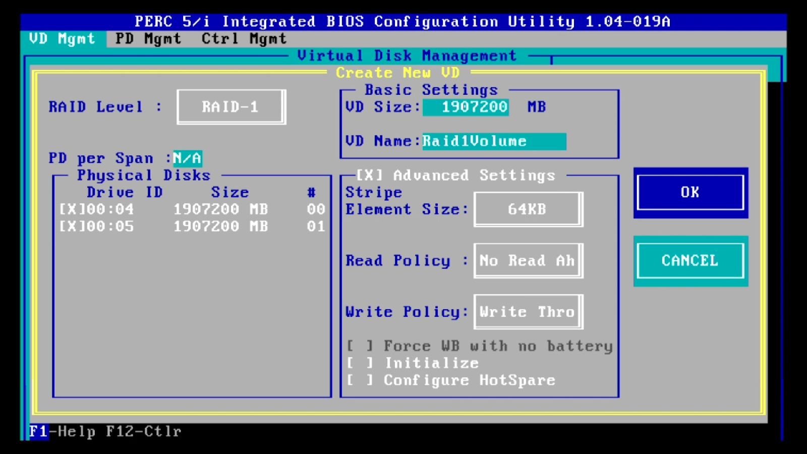 PERC créant le disque virtuel