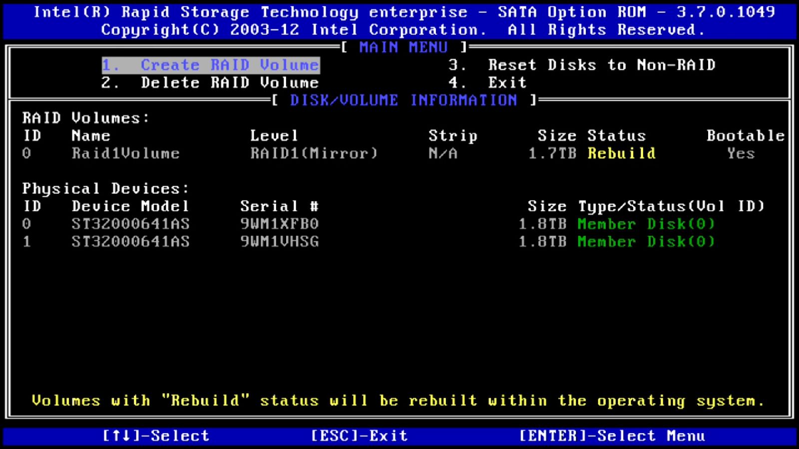 Menu principal Intel - Reconstruction