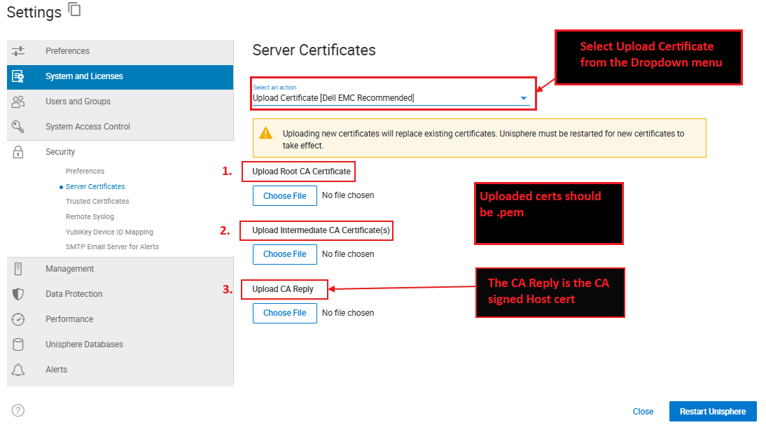 Upload Certificates view