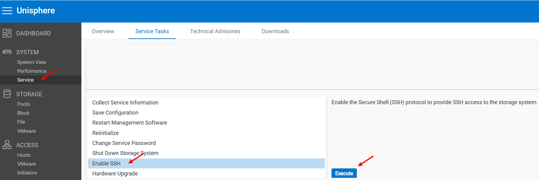 Unisphere SSH enable